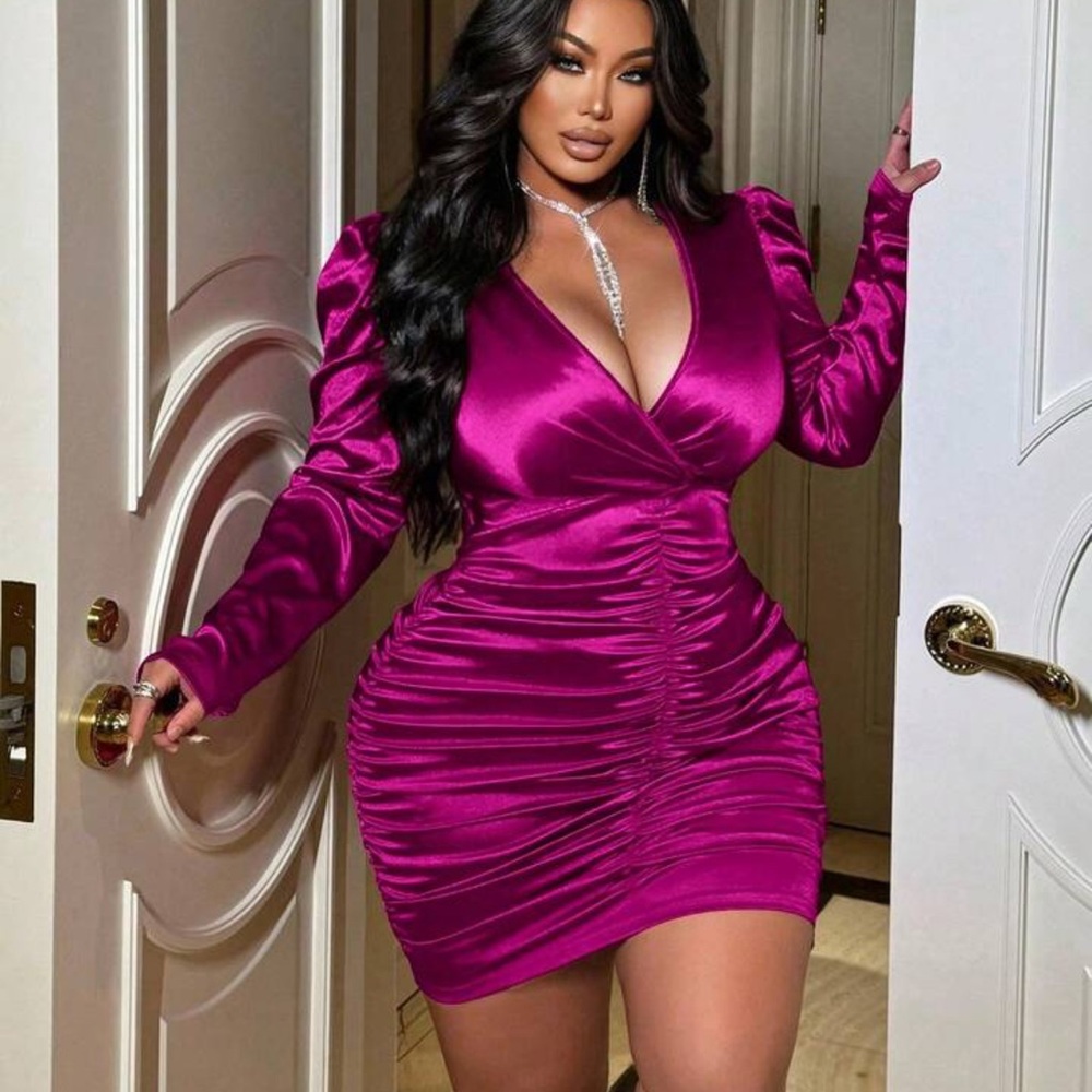 SHEIN Magenta Satin Long-Sleeve Ruched Mini Dress